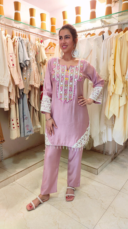 Pastel Pink Mirror Embroidered Kurta Set with Lace Detailing