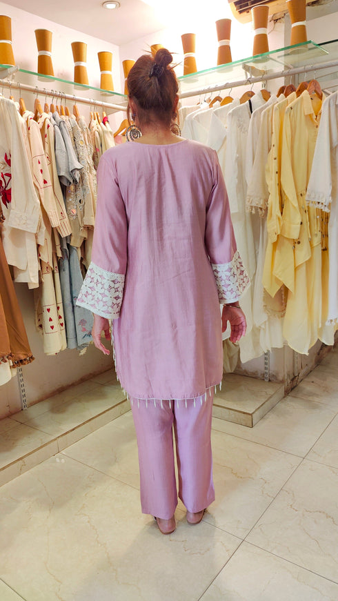 Pastel Pink Mirror Embroidered Kurta Set with Lace Detailing
