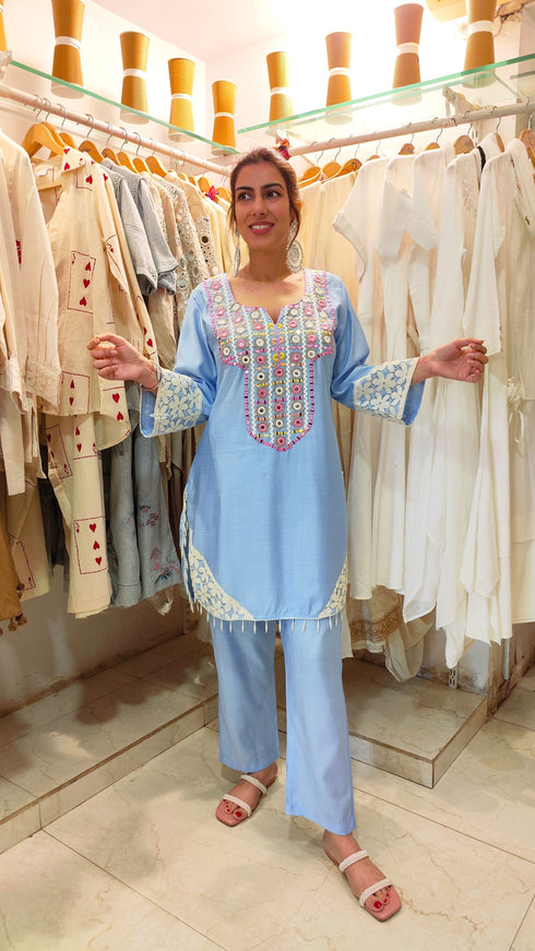 Pastel Blue Mirror Embroidered Kurta Set with Lace Detailing