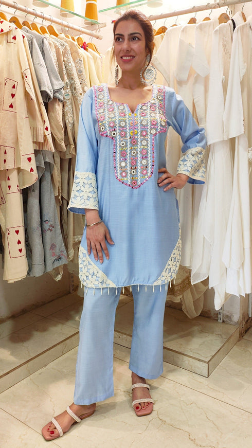 Pastel Blue Mirror Embroidered Kurta Set with Lace Detailing