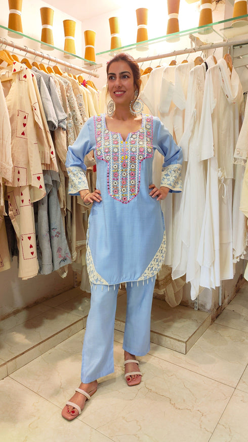 Pastel Blue Mirror Embroidered Kurta Set with Lace Detailing