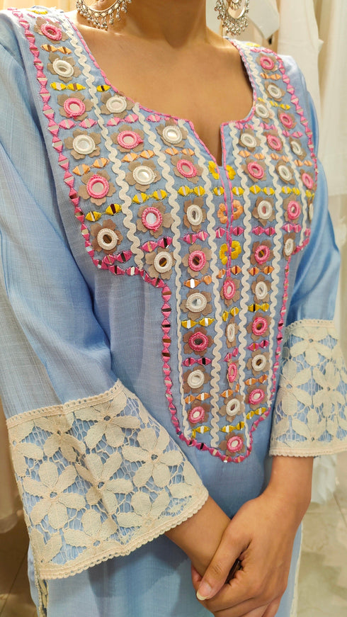 Pastel Blue Mirror Embroidered Kurta Set with Lace Detailing