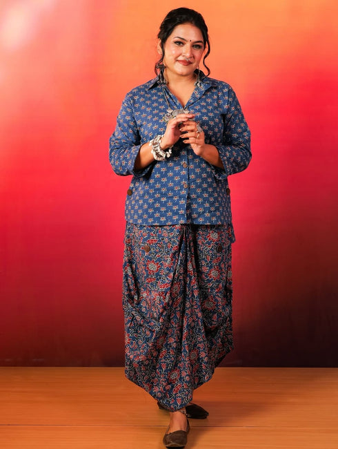 Jaipuri Blue Drape Skirt Set For Women