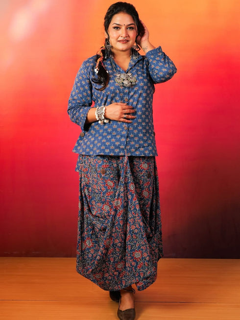 Jaipuri Blue Drape Skirt Set For Women