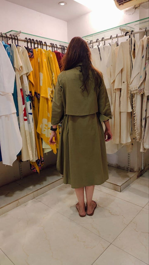 Khaki Green Shirt-Dress With Waist Coat