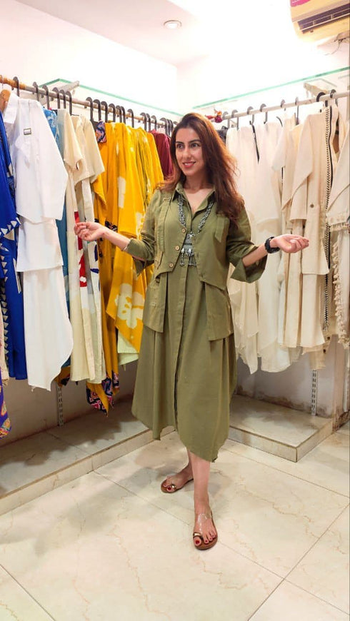 Khaki Green Shirt-Dress With Waist Coat