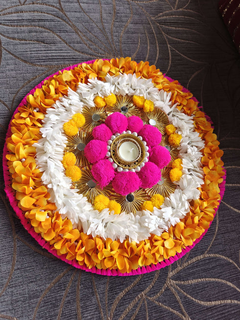 Large Round Pink Flower Pearl Rangoli Set - Accessory