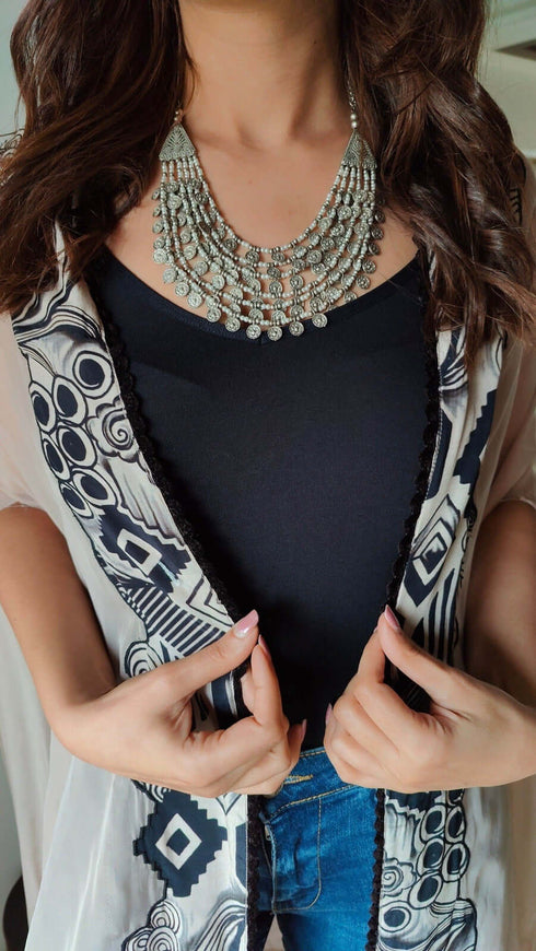 Layered White Bead Silver Oxidised Necklace