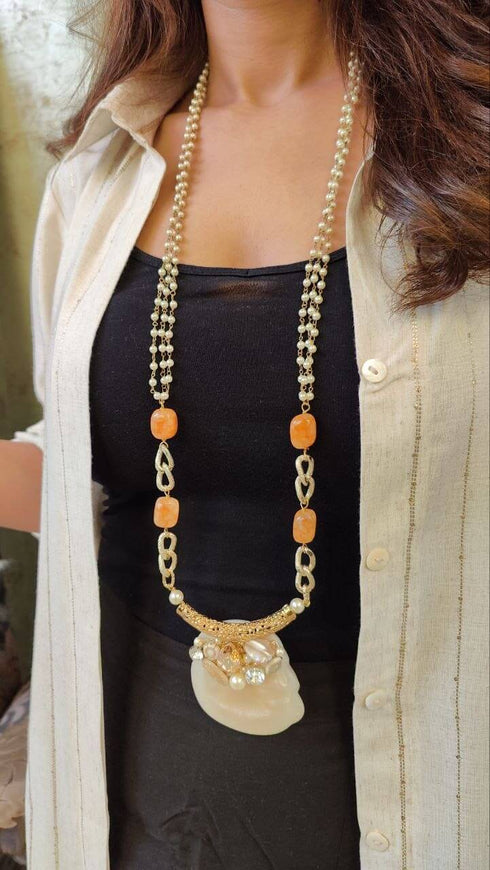 Long Beaded Necklace with Orange Beads and Shell Pendant