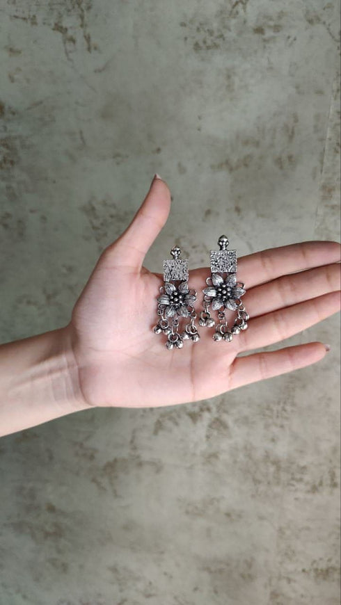 Long Ghungroo Silver Oxidised Necklace Set