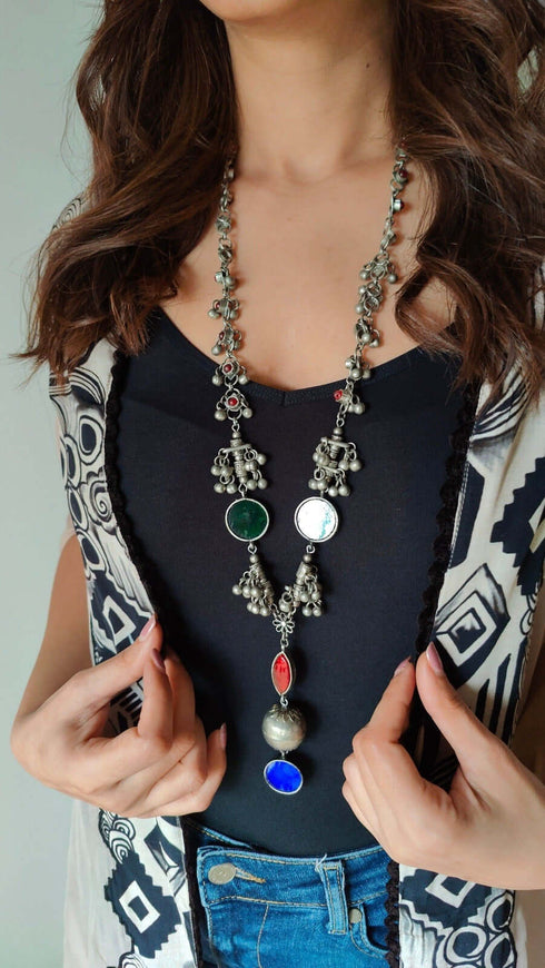 Long Multicolored Silver Oxidised Necklace