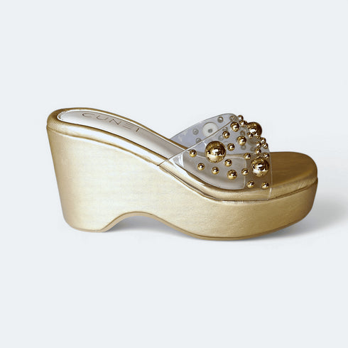 Luxurious Gold Studded Transparent Strap Wedges – Women’s