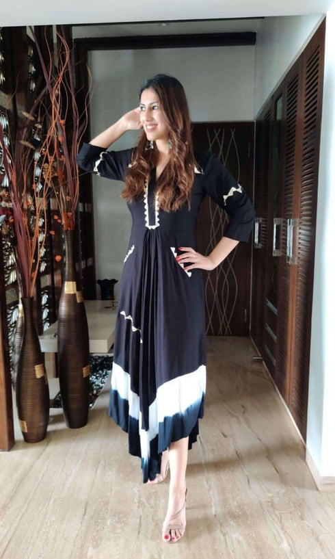 (Madhuri Dixit) Black Leather Patchwork Dress