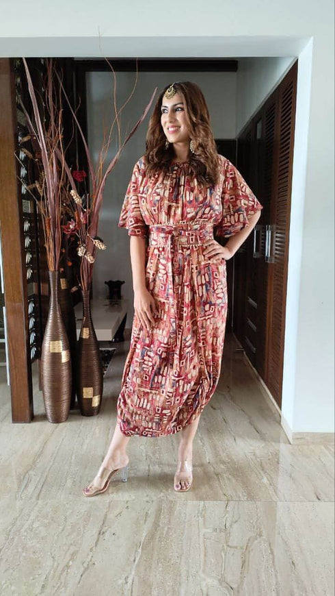 Maroon Tie Up Dress With Belt