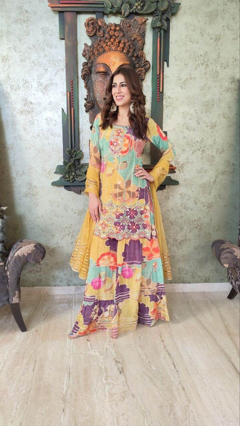 Mustard Purple Sharara Set