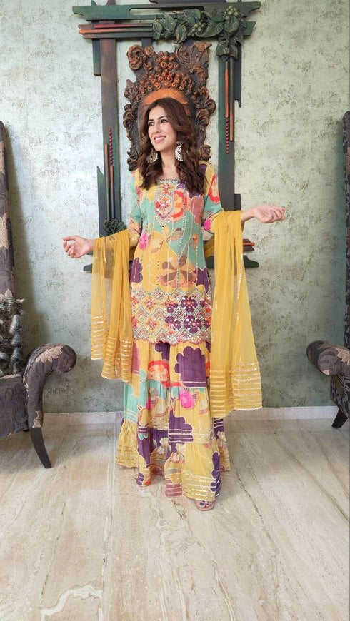Mustard Purple Sharara Set