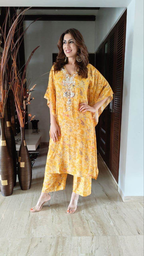 Mustard Yellow Hand Embroidery Kaftan Set