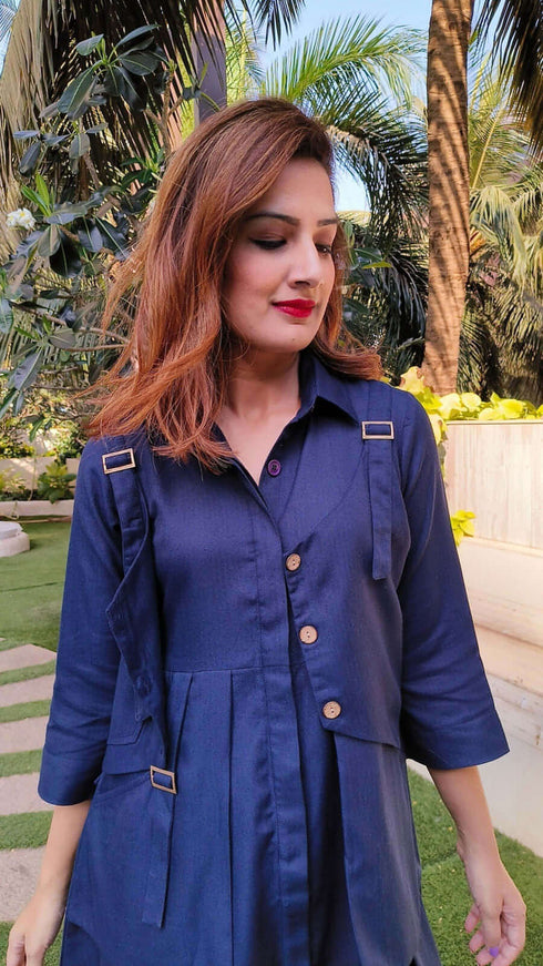 Navy Blue Shirt Dress With Waist Coat