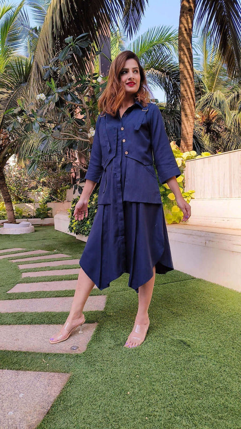Navy Blue Shirt Dress With Waist Coat