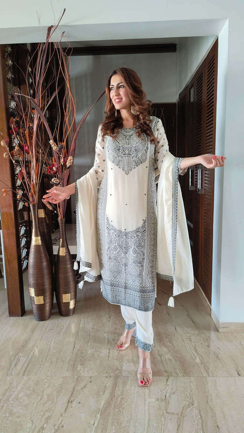 Off White Banarasi Suit Set