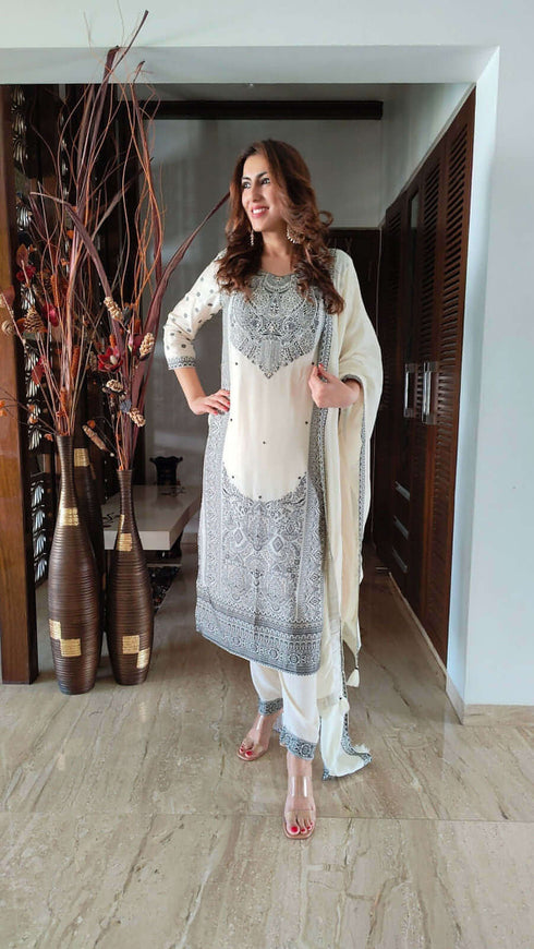 Off White Banarasi Suit Set