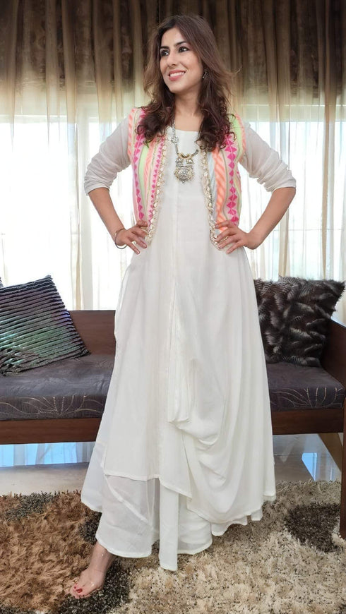 Off White Drape dress with Neon Jacket