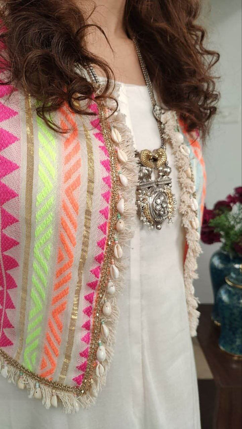 Off White Drape dress with Neon Jacket