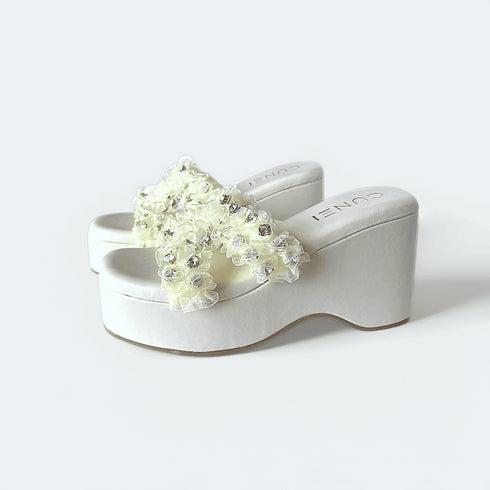 White Floral Wedge Heels