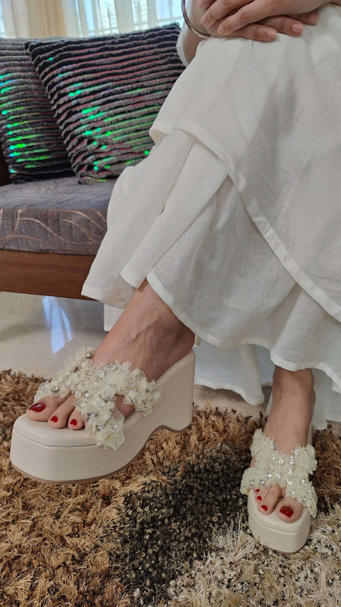 White Floral Wedge Heels