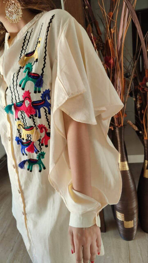 Off white Ruffle Cut Sleeves Horse Embroidery