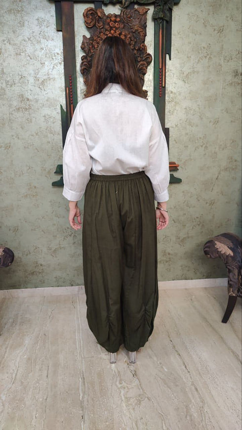 Olive Green Drape Pants With White Puffed Sleeves Shirt