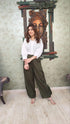 Olive Green Drape Pants With White Puffed Sleeves Shirt