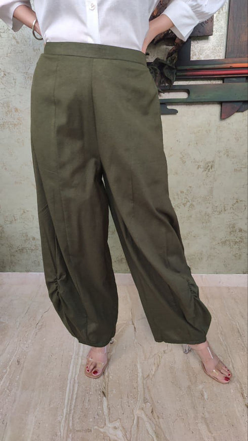 Olive Green Drape Pants With White Puffed Sleeves Shirt