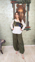 Olive Green Drape Pants With White Puffed Sleeves Shirt