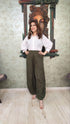 Olive Green Drape Pants With White Puffed Sleeves Shirt