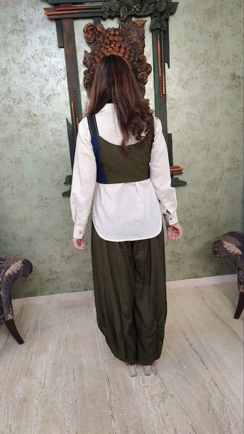 Olive Green Drape Pants With White Puffed Sleeves Shirt