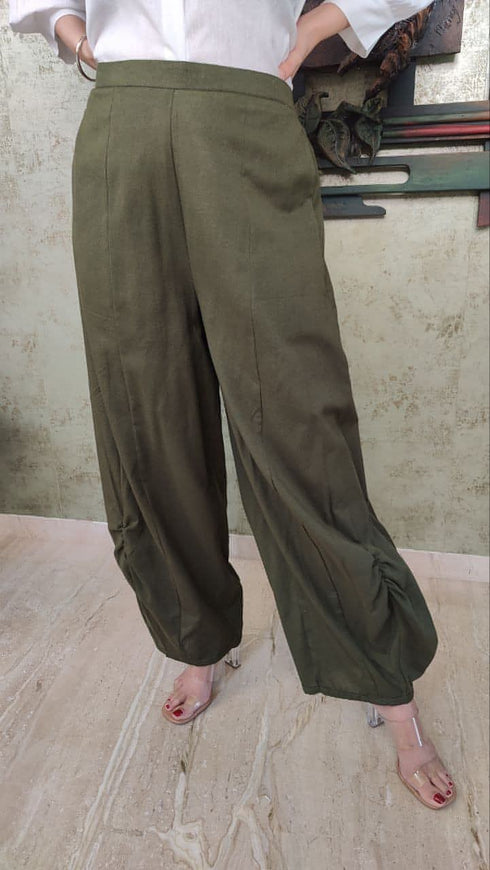Olive Green Drape Pants With White Puffed Sleeves Shirt