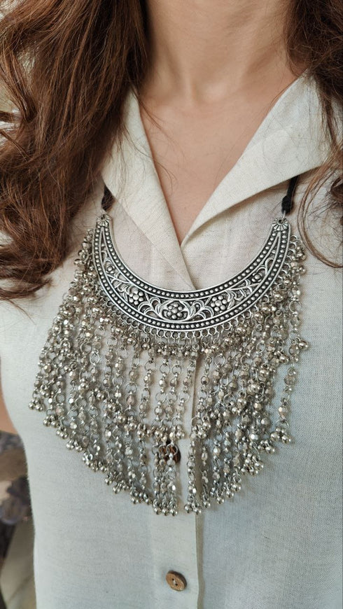 Oxidised Silver Long Tassel Necklace