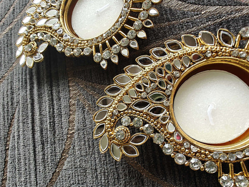 Paisley Shaped White Gold Diya Set (Pair of 2) - Accessory