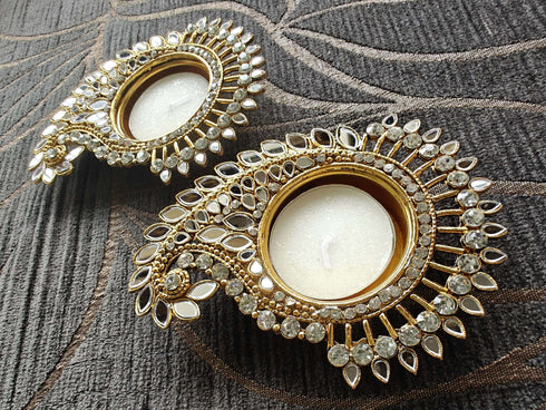 Paisley Shaped White Gold Diya Set (Pair of 2) - Accessory