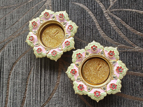 Pastel Green Pink Flower Diya Set (Pair of 2) - Accessory