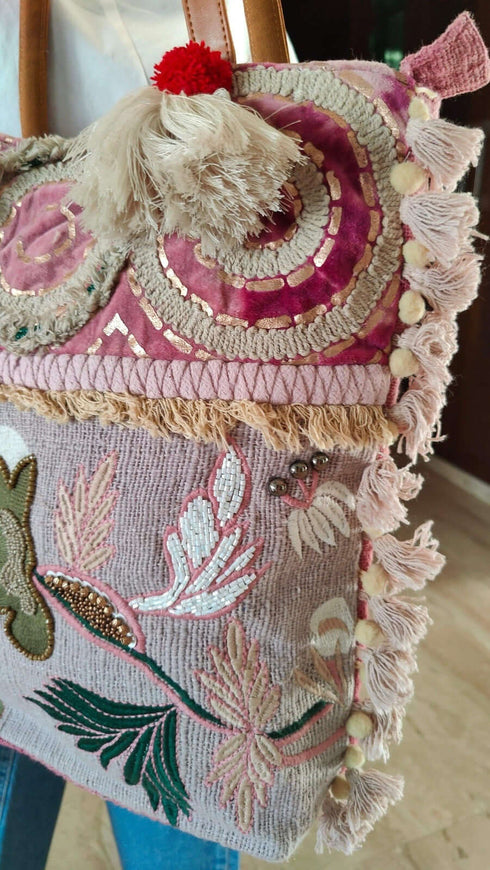 Pastel Lavender Pink Jute Velvet Banjara Handcrafted Embroidery Tote Bag