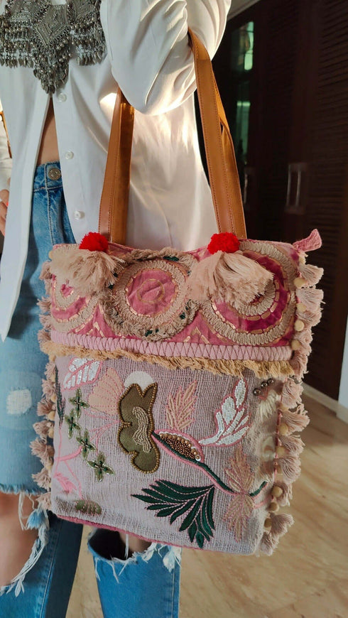 Pastel Lavender Pink Jute Velvet Banjara Handcrafted Embroidery Tote Bag