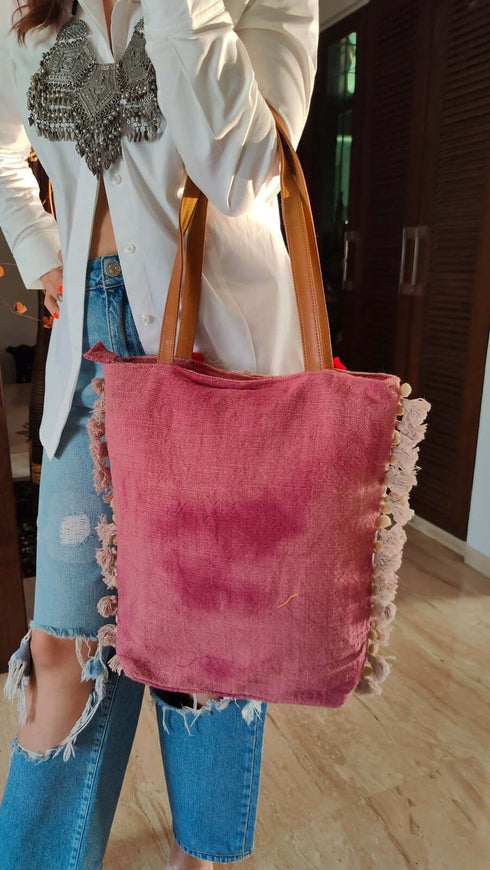 Pastel Lavender Pink Jute Velvet Banjara Handcrafted Embroidery Tote Bag