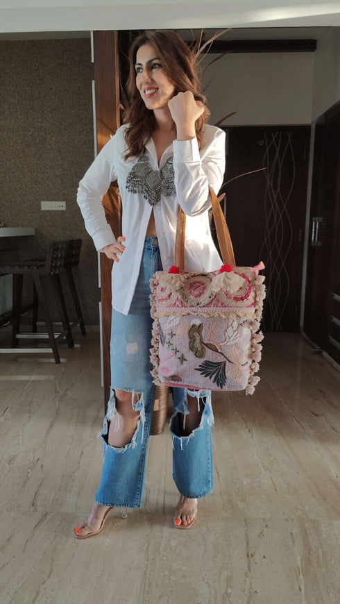 Pastel Lavender Pink Jute Velvet Banjara Handcrafted Embroidery Tote Bag