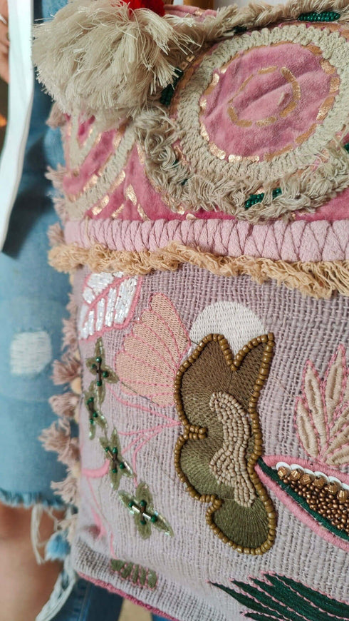 Pastel Lavender Pink Jute Velvet Banjara Handcrafted Embroidery Tote Bag