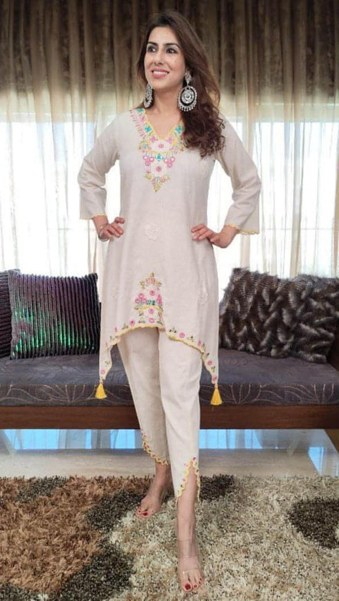 Pastel Off-White Embroidered Coord Set