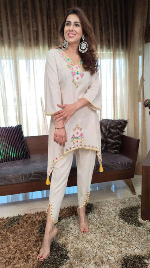 Pastel Off-White Embroidered Coord Set