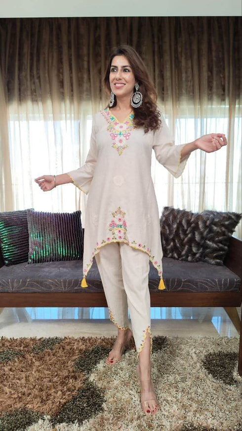 Pastel Off-White Embroidered Coord Set