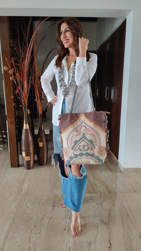 Pastel Pink Grey Banjara Handcrafted Embroidery Tote Bag